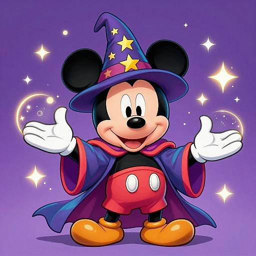 Digital illustration of Mickey Mouse as a wizard, wearing a starry blue hat, red cape, and yellow shoes, holding glowing orbs against a purple star