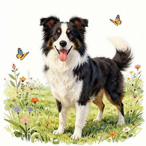 Digital illustration of a happy black-and-white Border Collie with pink tongue, standing in a colorful meadow with flowers and two orange butterflies.