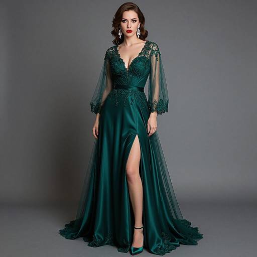 Photograph of a fair-skinned woman with red lipstick, wearing a dark green, sheer-embellished, long-sleeve gown with a