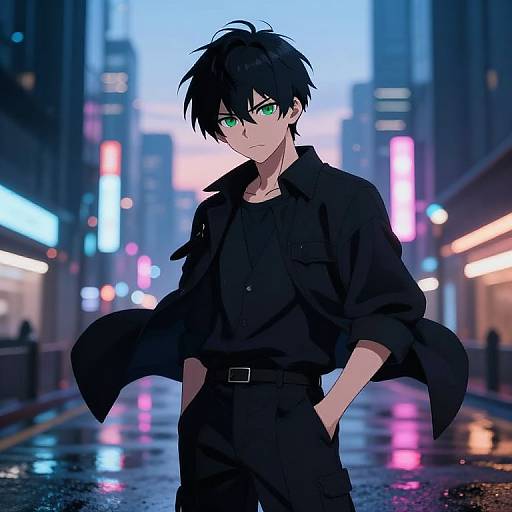 Anime-style digital drawing of a black-haired, green-eyed young man in a black coat and pants, standing in a neon-lit, rainy urban street