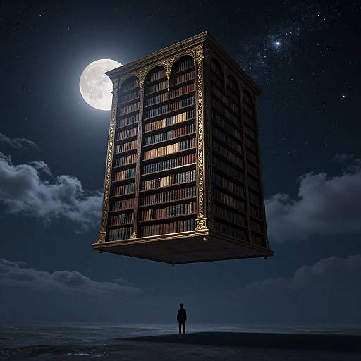 A silhouetted figure stands beneath a floating, illuminated book-filled building against a starry night sky with a bright full moon. Digital art.