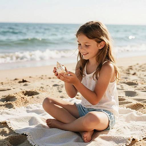 Photograph of a smiling young girl with long brown hair, wearing a white tank top and denim shorts, sitting on a white blanket, examining a se