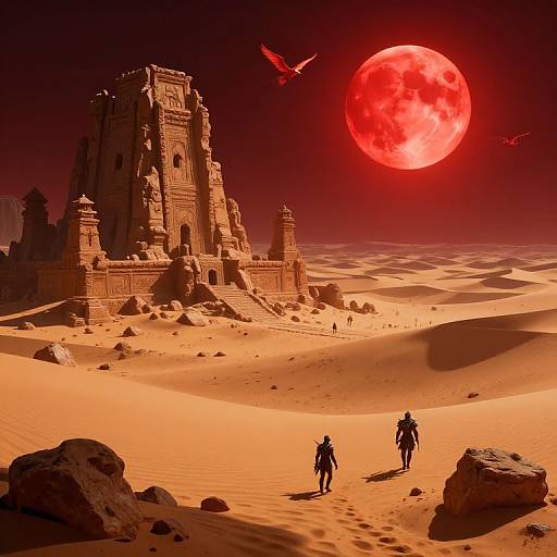 Photograph-style digital art: Two figures in desert with massive red moon, ancient temple, and flying ships; orange sand dunes, rocky foreground.