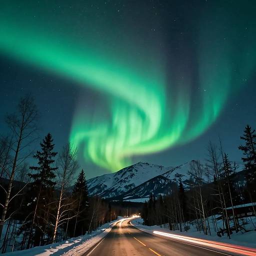 Photograph of vibrant green Northern Lights over a snowy mountain road at night, with light trails from passing cars, silhouetted trees, and a