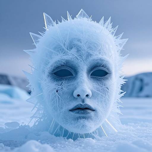 Close-up photograph of an ethereal, icy face with sharp, crystalline spikes, set against a snowy, blue-tinted landscape, evoking