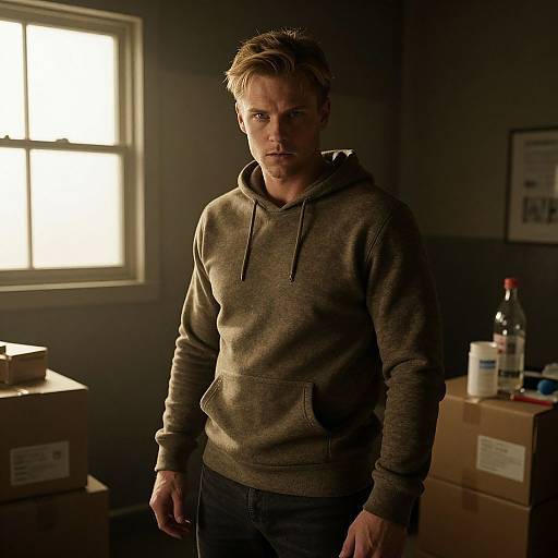 Photograph of a serious, blonde man in a gray hoodie standing in a dimly lit, cluttered room with sunlight from a window.