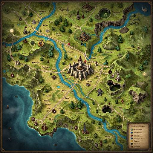 Colorful fantasy map with a central castle, winding rivers, forests, villages, mountains, and labeled locations, rendered in detailed digital art.