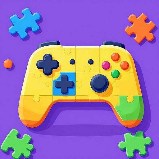 Digital illustration of a colorful, puzzle-piece-style game controller with yellow, blue, green, and orange pieces, surrounded by matching puzzle pieces on a purple