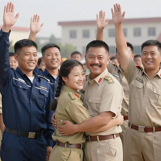 Happy Group of Military Personnel Celebrating Outdoors