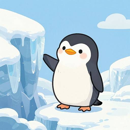 Cartoon penguin with black and white feathers, orange beak, and small feet, standing on snowy ice with icicles against a bright blue sky