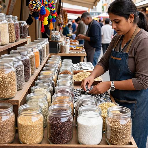 Photograph of a Latina woman in a denim apron, sorting grains in glass jars at a bustling outdoor market stall.