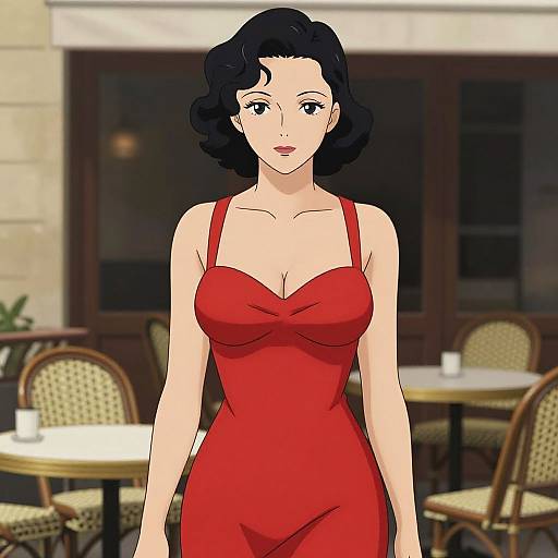 Anime-style drawing of a black-haired woman with fair skin in a red, strapless dress standing in a dimly lit café.