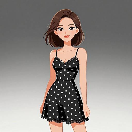 Digital illustration of a smiling woman with short brown hair, wearing a black polka dot lace-trimmed nightdress, standing against a gradient gray to