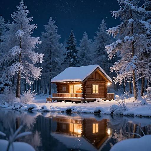 Photograph of a cozy wooden cabin illuminated by warm light, reflected in a snow-covered, starlit lake, surrounded by frosty trees.