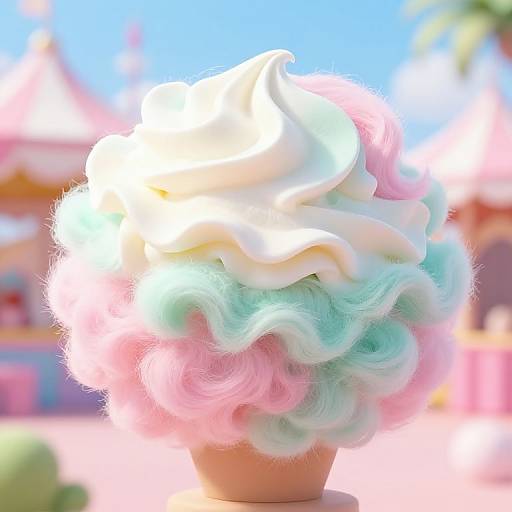 Photograph of a fluffy, pastel-colored cupcake topped with soft, swirled pink, white, and teal frosting, set outdoors against a