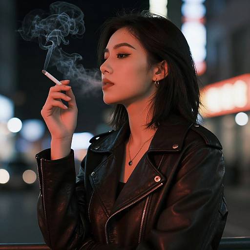 Photograph of a young woman with straight black hair, wearing a black leather jacket, smoking a cigarette, with city lights blurred in the background.