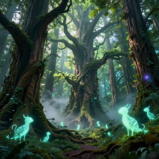 Fantastical forest scene with glowing, ethereal deer-like creatures, surrounded by towering, moss-covered trees and mist, illuminated by magical light. Digital