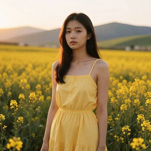 Young Woman in Yellow Dress Standing in Wildflower Field