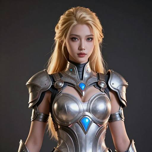 CGI portrait of a blonde woman with blue eyes, wearing detailed silver armor with blue gem accents, standing against a dark background.