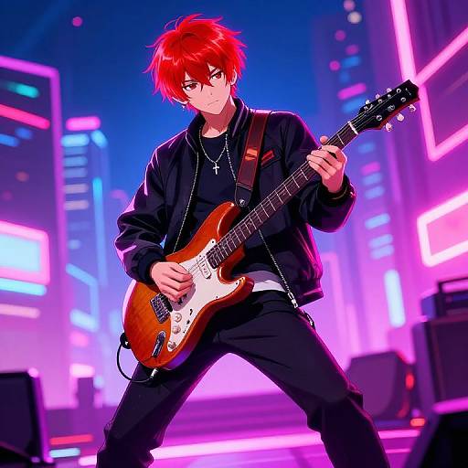 Red-Haired Anime Guitarist on Neon Stage