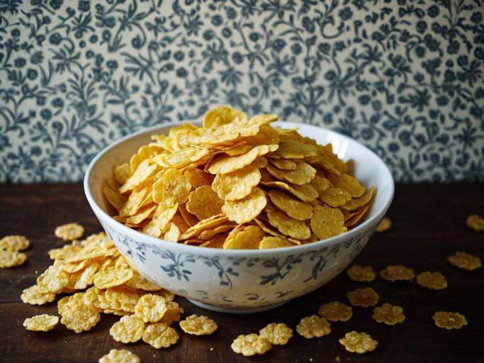 Bowl of Corn Flakes on Table