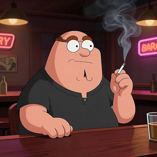 Cartoon of a bald, heavyset man with thick eyebrows, smoking a cigarette in a dimly lit bar with neon signs.
