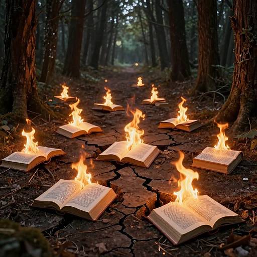 Photograph of open, burning books on a forest path, surrounded by tall trees, with bright orange flames illuminating the dark, cracked ground.