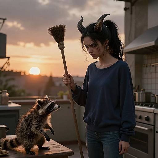 Photograph-style digital art: Dark-haired woman with horns, wearing a blue sweater and jeans, holds a broom, facing a standing raccoon on