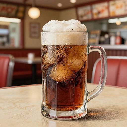 Photograph of a frothy glass mug of dark beer with bubbles, sitting on a white table in a cozy, warmly lit diner.