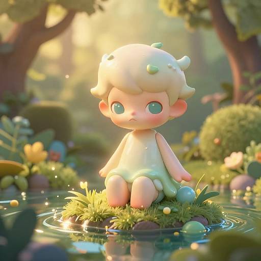 Ethereal Cartoon Character in Mystical Forest Pond