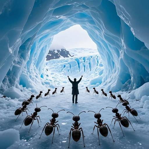 Silhouetted figure with arms raised stands in an icy cave, surrounded by silhouetted ants, under a bright blue, glowing light.