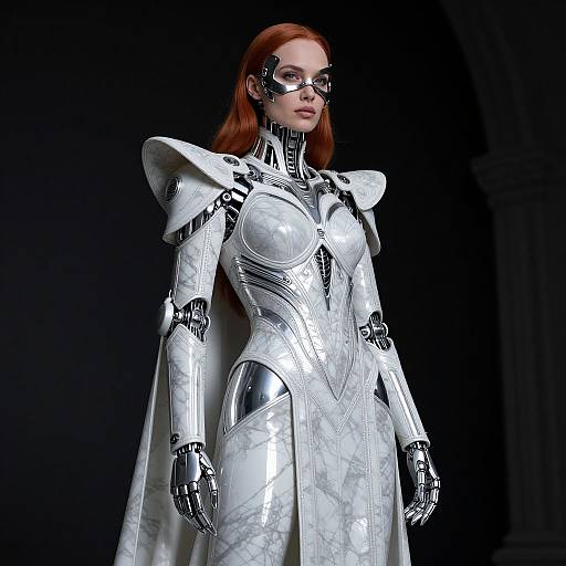 CGI image of a red-haired woman in silver, futuristic armor with a mask, high shoulders, and metallic cape, standing against a dark background.