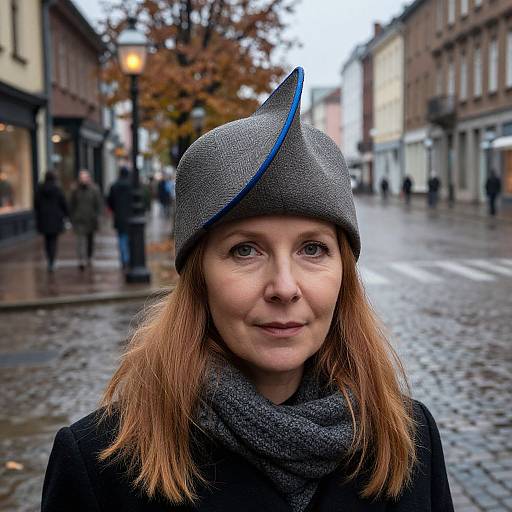 Photograph of a middle-aged Caucasian woman with red hair, wearing a gray textured hat with blue stripe, black coat, and scarf, standing on a