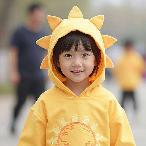 Photograph of a smiling Asian child wearing a bright yellow sun-themed hoodie with sun rays on the hood, standing outdoors with blurred background and adults in black
