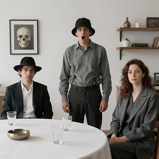 Three people in vintage attire in minimalist room