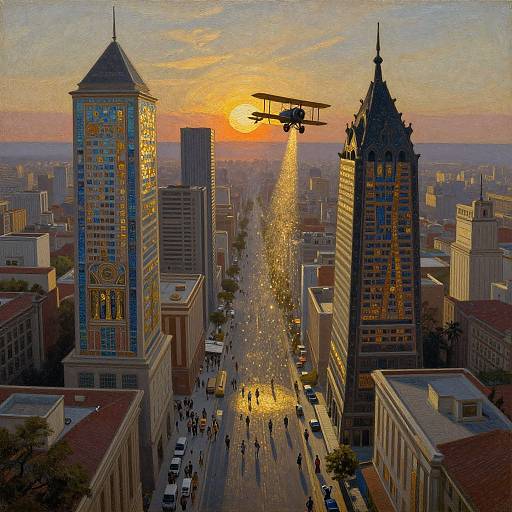 Aerial sunset photograph of a city street with glowing sunlight beam, two tall buildings, a flying airplane, and pedestrians.