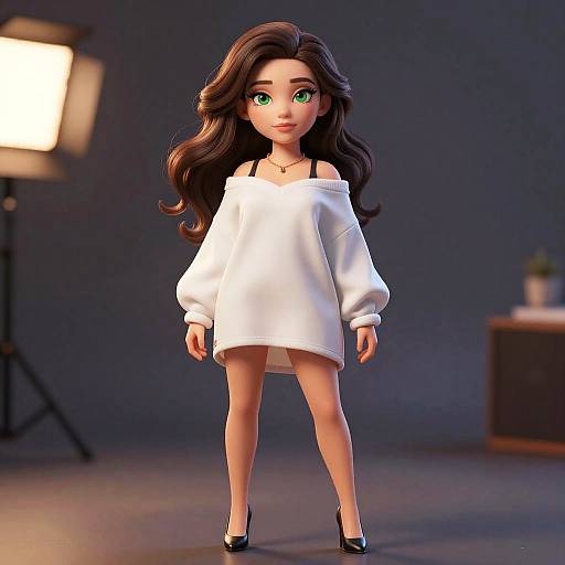 Digital CGI doll with long brown hair, green eyes, white off-shoulder sweater, black heels, standing in dimly lit studio.