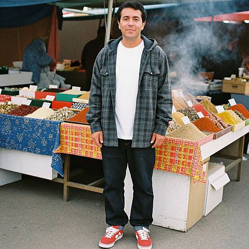 Photograph of a middle-aged man with dark hair, wearing a plaid jacket, white shirt, black pants, and red sneakers, standing in front