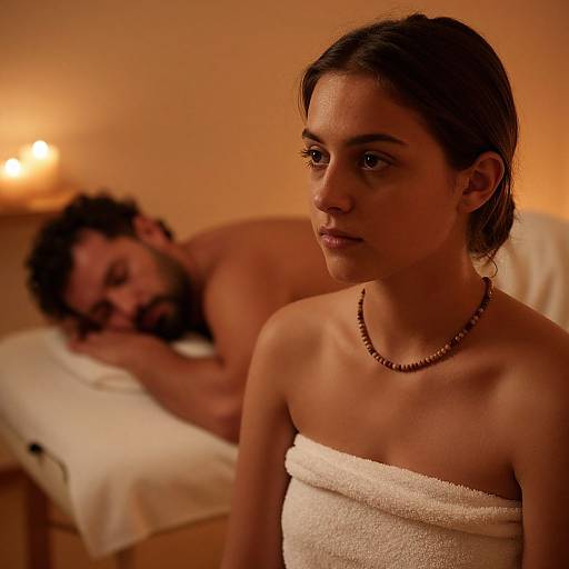 Photograph: Serious young woman with dark hair, beaded necklace, wrapped in white towel stands beside bearded man sleeping on massage table in warmly lit