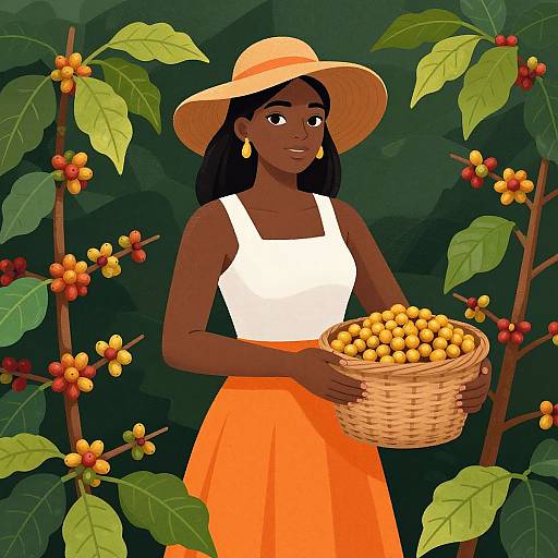 Digital illustration of a dark-skinned woman with long black hair, wearing a white tank top, orange skirt, and wide-brimmed hat, holding