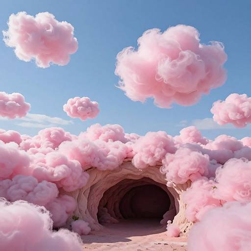 Digital artwork of a pink cloud-filled cave entrance under a bright blue sky, with fluffy, pink clouds floating above.