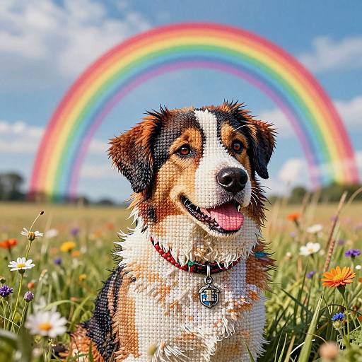Photograph of a happy Bernese Mountain Dog with brown, black, and white fur, collar and tag, in a colorful field with flowers, and