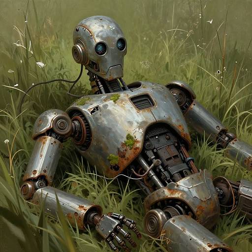Photorealistic digital artwork of a rusted, blue-eyed, metallic robot lying in tall, green grass with white wildflowers. Rust patches and exposed