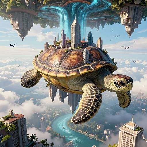 Digital art: Giant sea turtle with cityscape on shell, flying above futuristic floating islands and rivers, surrounded by birds and clouds.