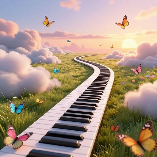Dreamy digital artwork: Curving piano keyboard path through vibrant green grass, colorful butterflies, and fluffy clouds under a bright, sunset sky.