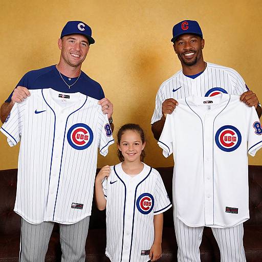 Photograph of two smiling men and a smiling girl in white pinstriped MLB uniforms with blue caps and red logos, holding jerseys against a yellow