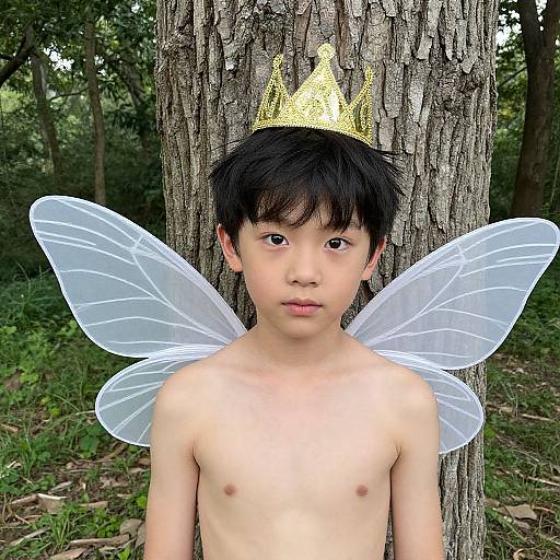 Photograph of a young Asian boy with black hair, shirtless, wearing translucent fairy wings and a gold crown, standing against a tree in a forest