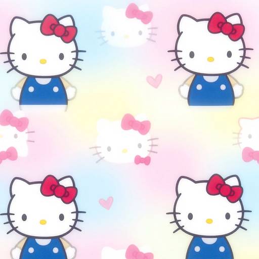 Digital artwork of four identical Hello Kitty characters with red bows, blue dresses, white faces, and yellow noses, set against a pastel gradient background with