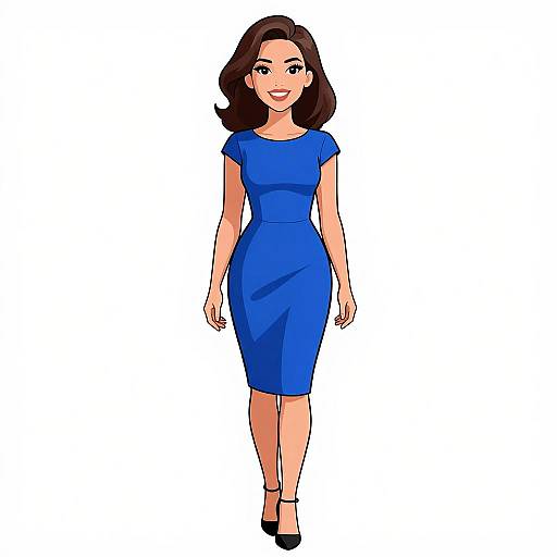 Digital illustration of a smiling woman with medium-length brown hair, wearing a form-fitting blue dress and black heels, standing against a white background.
