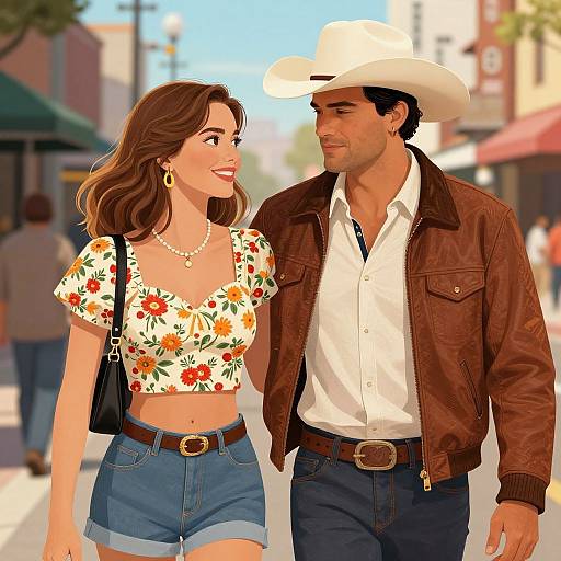 Digital illustration of a smiling brown-haired woman in a floral crop top and denim shorts, walking with a handsome man in a white hat and brown leather jacket